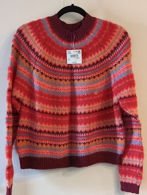 American Eagle Open Weave Red Patterned Crewneck Sweater - Women's Size Medium